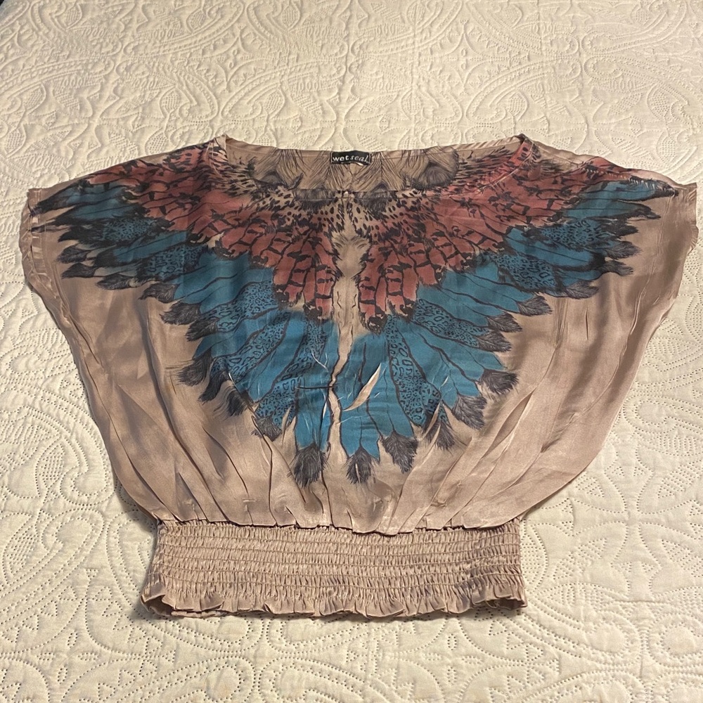 Y2K Wet Seal Silky Taupe Blouse with Blue and Pink Feather Print Sz S/M